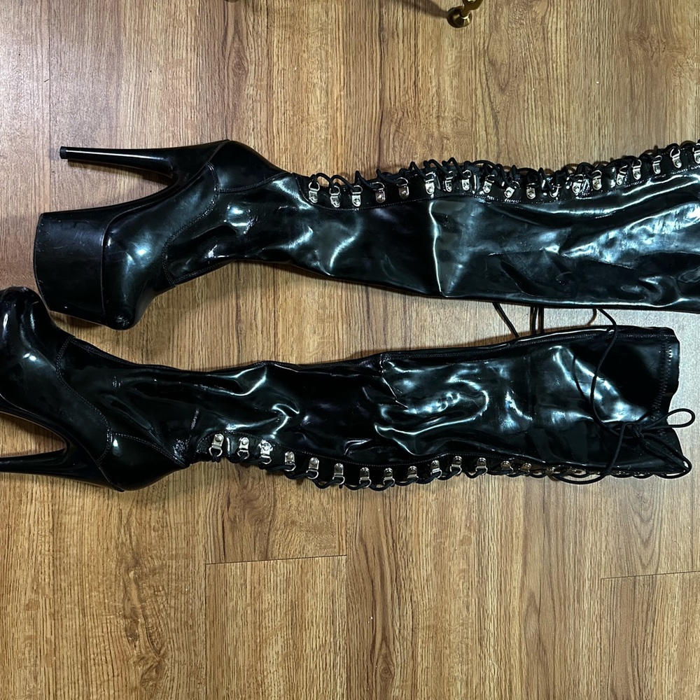Pleaser Black Patent Lace-Up Over-The-Knee Platform Boots